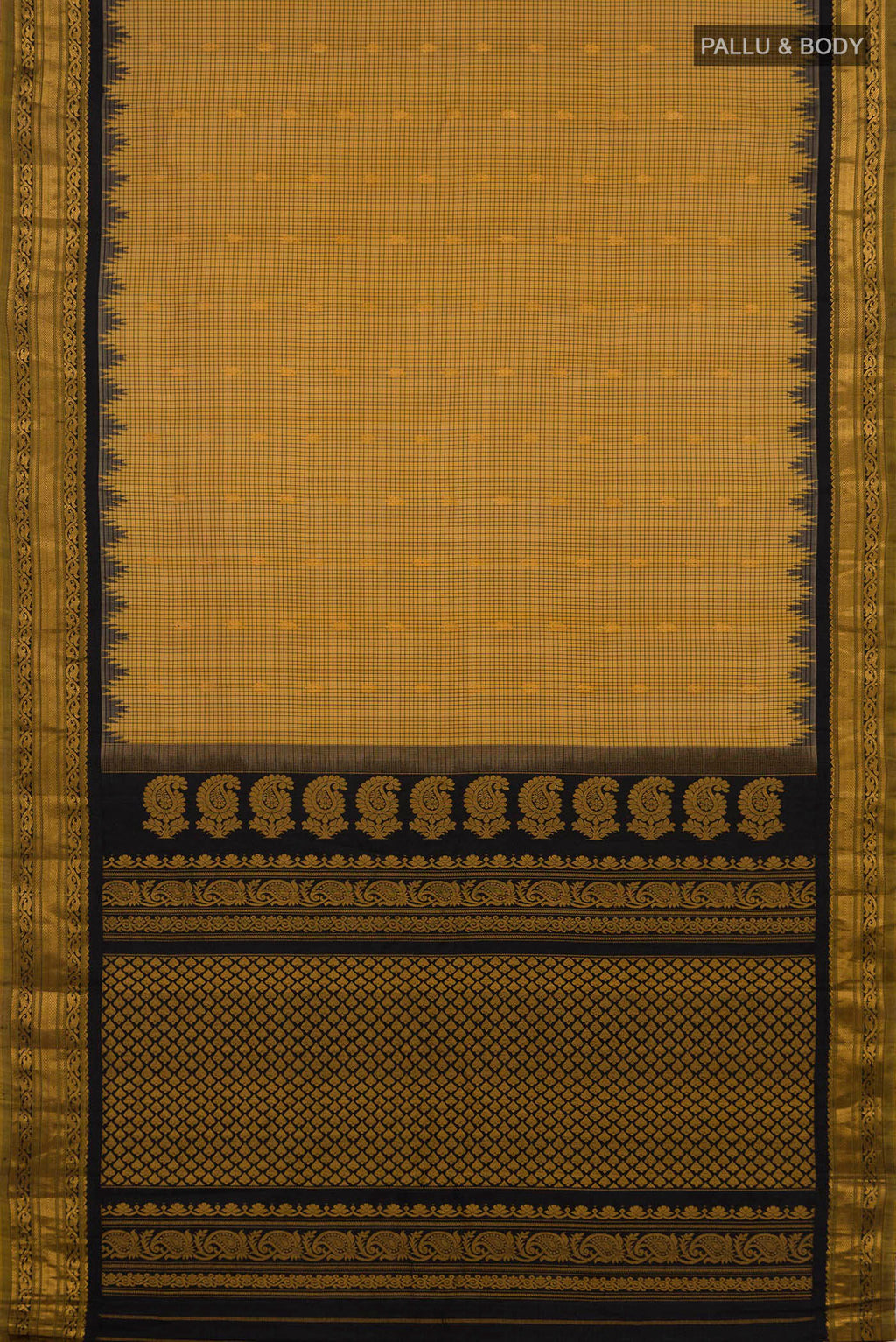 Flat view of Pure Silk Yellow Gadwal Saree with Checked design on the body and Zari Border. 