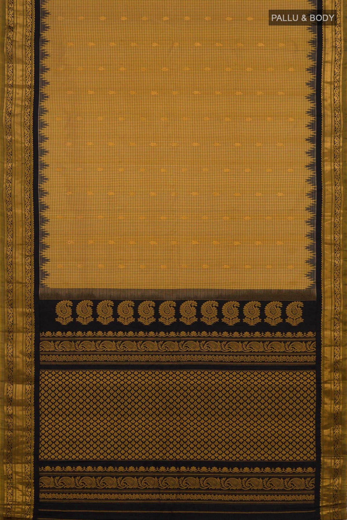 Flat view of Pure Silk Yellow Gadwal Saree with Checked design on the body and Zari Border. 