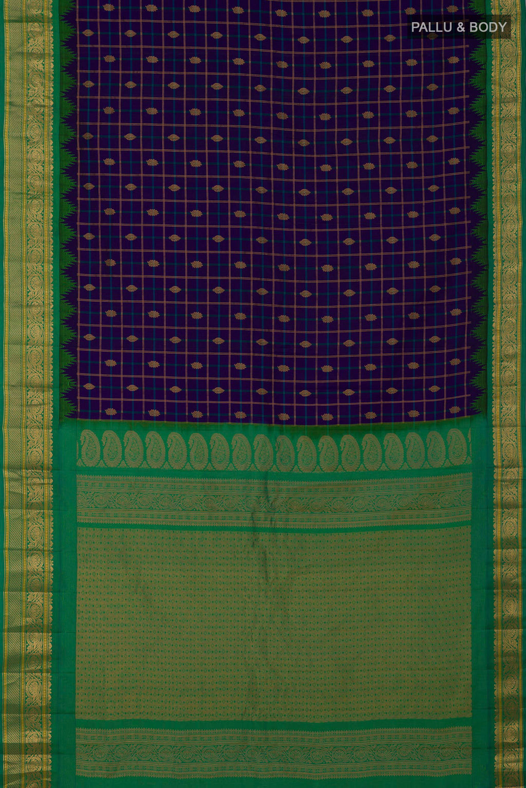 Flat view of Dark Blue Gadwal Silk Saree with Checked design on the body and Zari Border. 