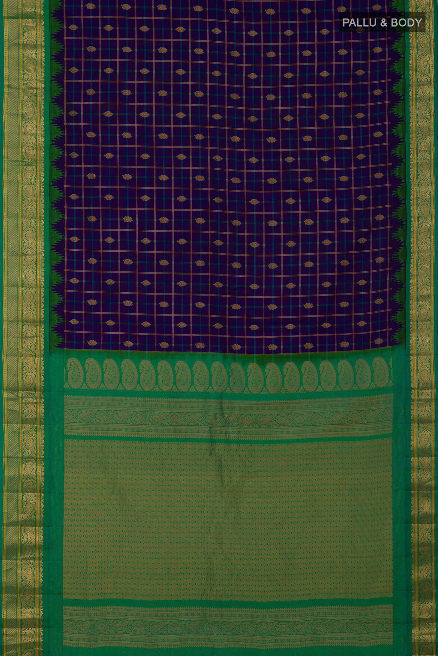 Flat view of Dark Blue Gadwal Silk Saree with Checked design on the body and Zari Border. 