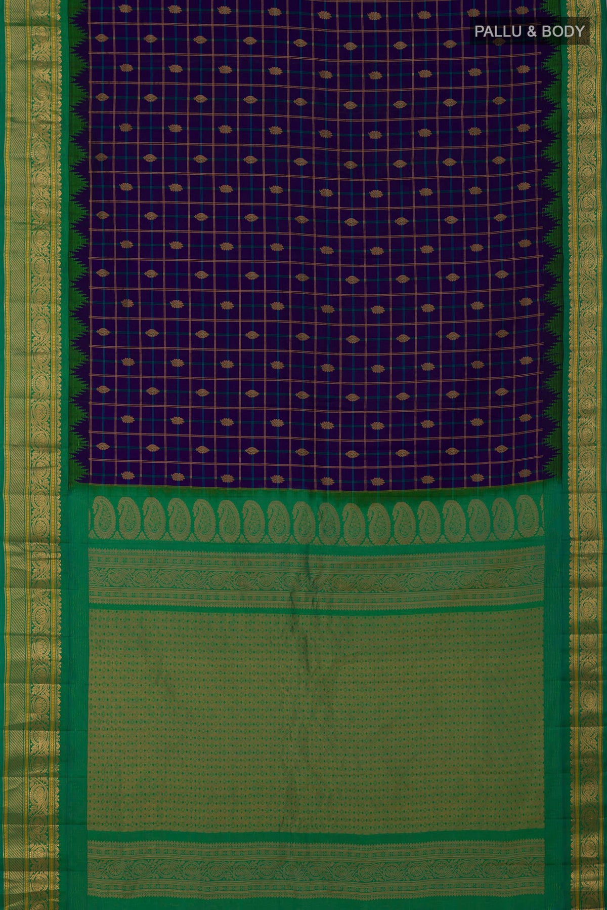 Flat view of Dark Blue Gadwal Silk Saree with Checked design on the body and Zari Border. 