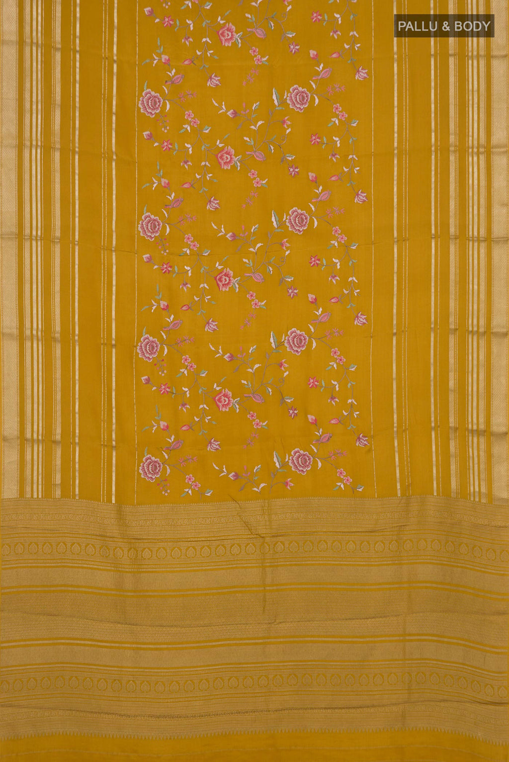 Flat view of Yellow Crepe Saree with Fancy on the body and Fancy Border. 