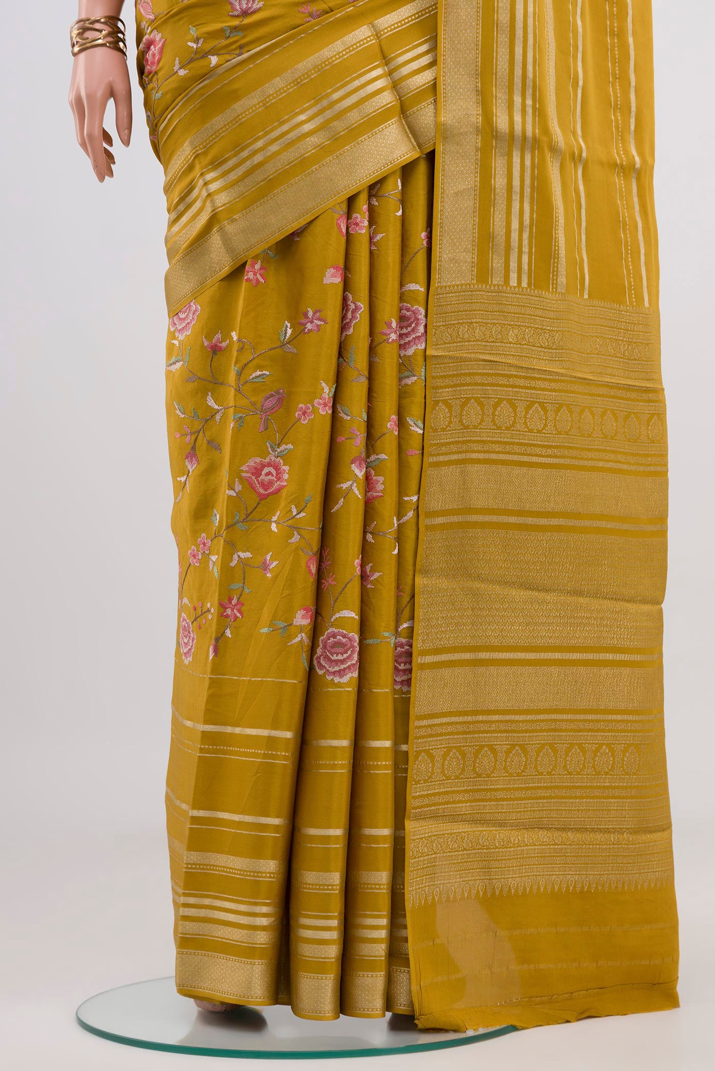 Pleats and pallu of Yellow Crepe Saree with Fancy on the body and Fancy Border. 
