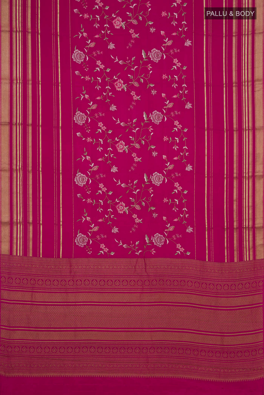 Flat view of Pink Crepe Saree with Fancy on the body and Fancy Border. 