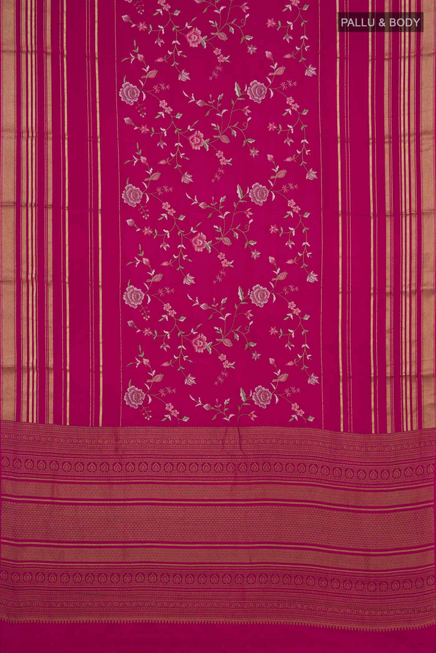 Flat view of Pink Crepe Saree with Fancy on the body and Fancy Border. 