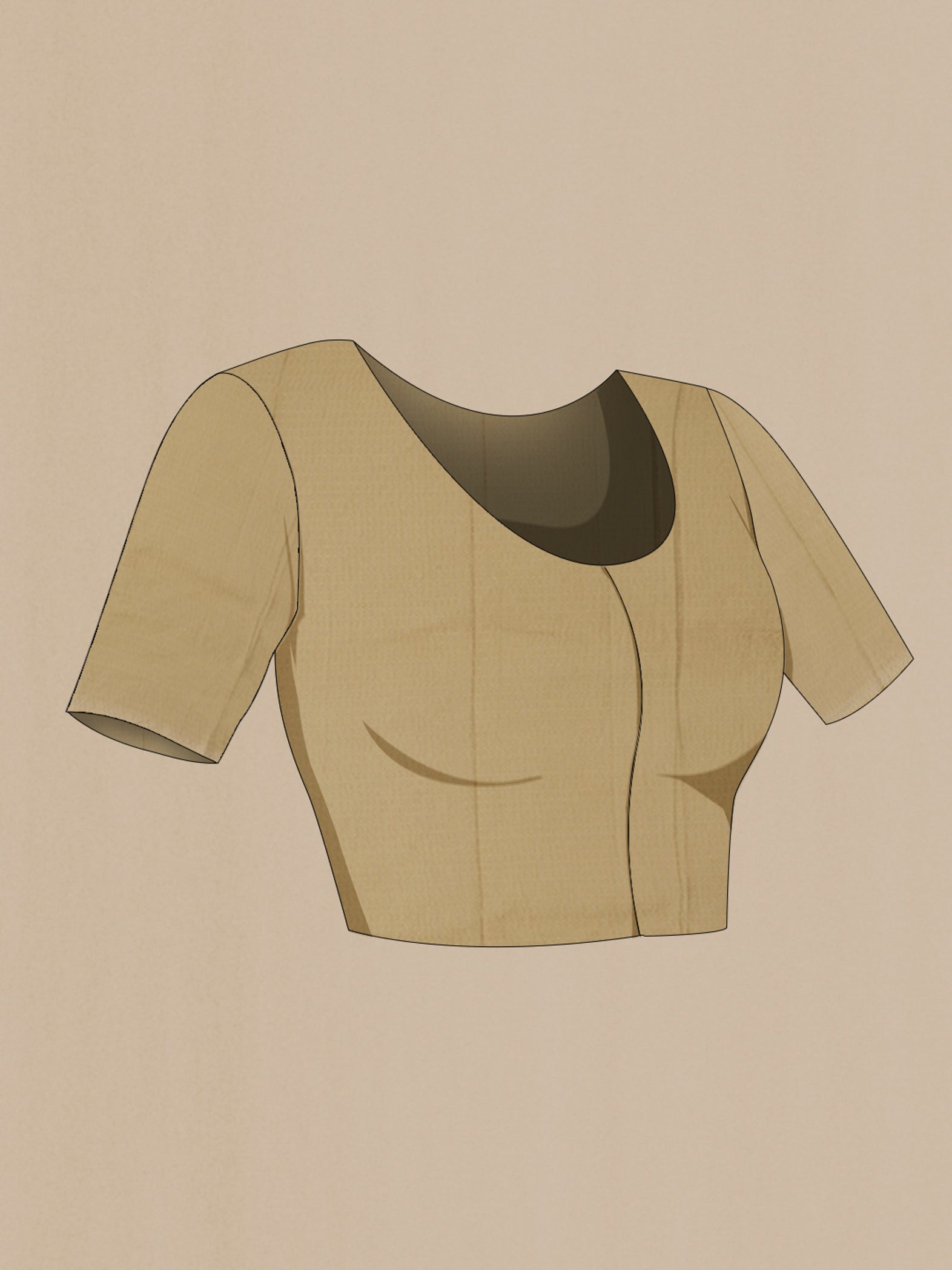Close up image of the blouse of Beige Mysore Crepe Saree with Stripes on the body and Zari Border. 