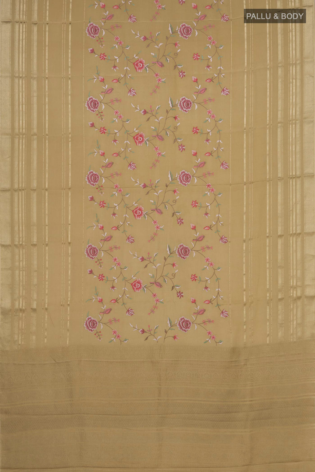 Flat view of Beige Mysore Crepe Saree with Stripes on the body and Zari Border. 