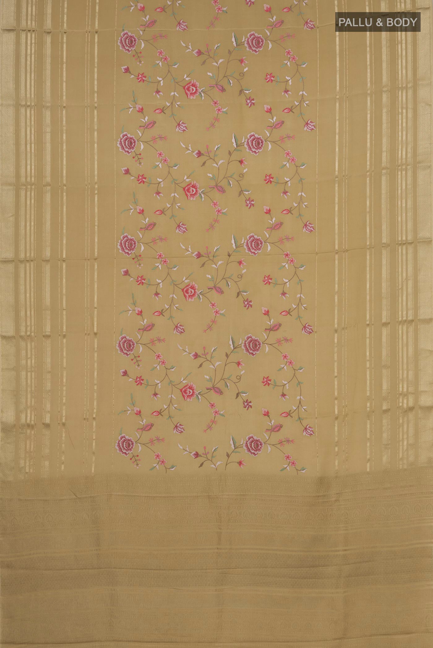 Flat view of Beige Mysore Crepe Saree with Stripes on the body and Zari Border. 