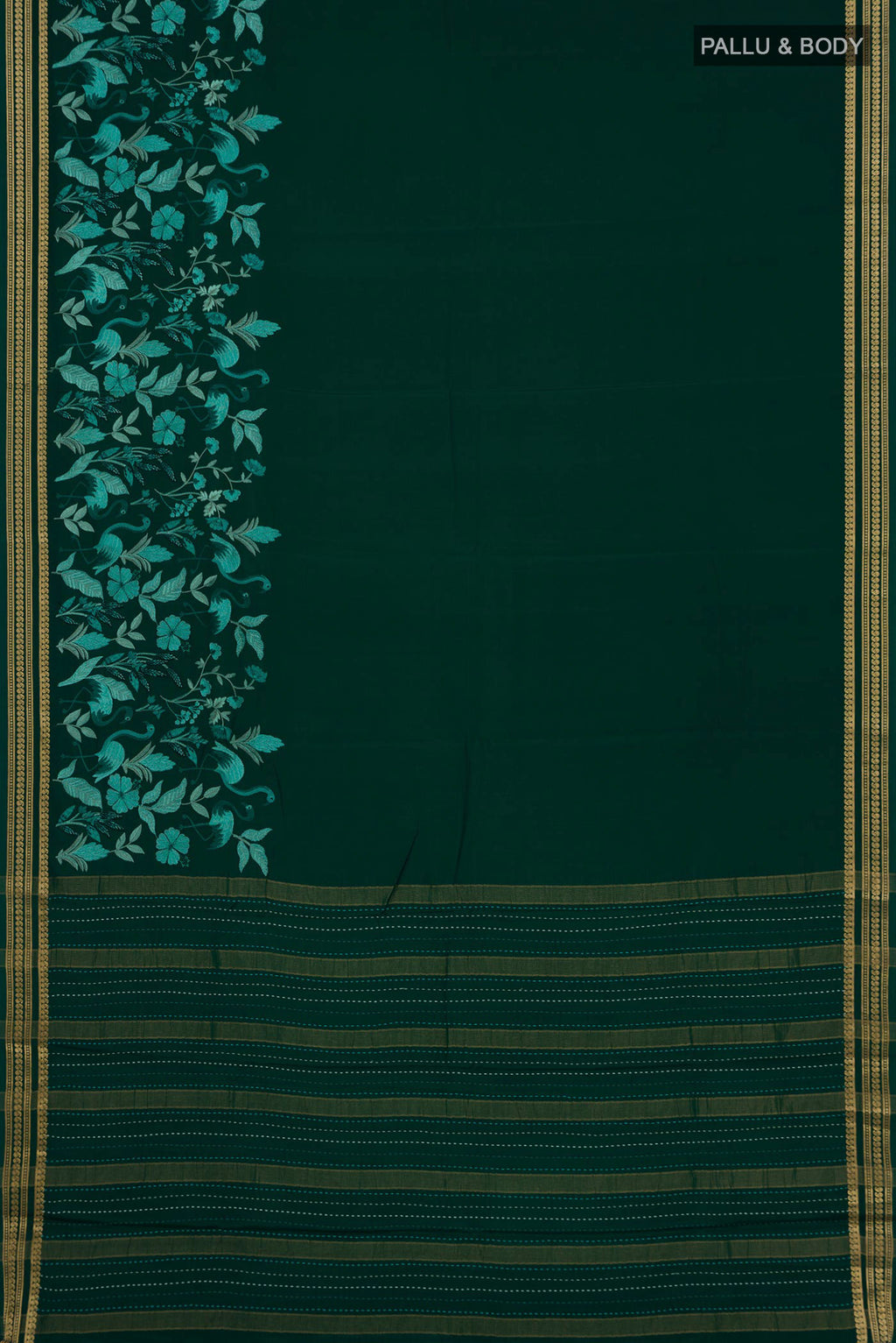 Flat view of Green Crepe Saree with Fancy on the body and Fancy Border. 