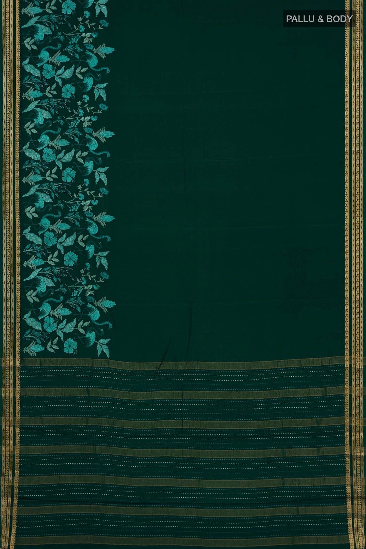 Flat view of Green Crepe Saree with Fancy on the body and Fancy Border. 