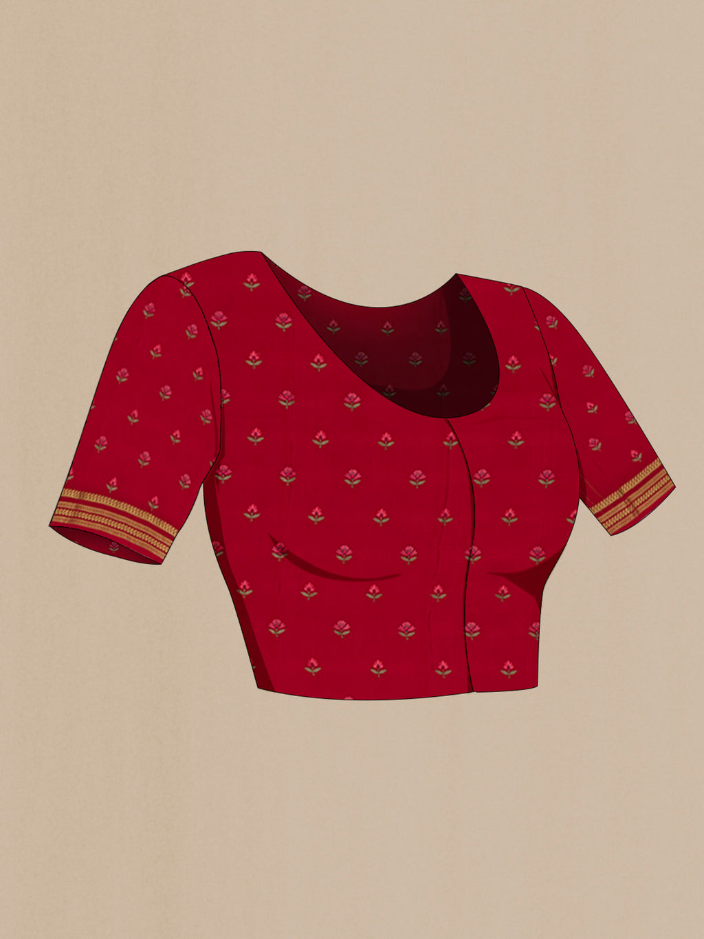Close up image of the blouse of Red Crepe Saree with Fancy on the body and Fancy Border. 