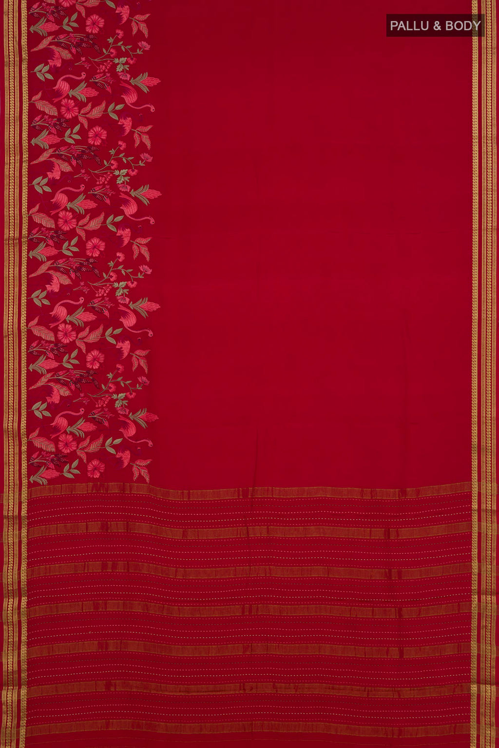 Flat view of Red Crepe Saree with Fancy on the body and Fancy Border. 