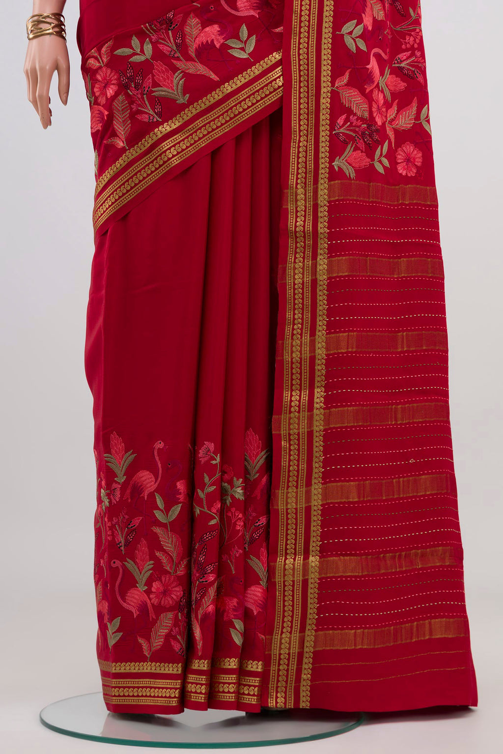 Pleats and pallu of Red Crepe Saree with Fancy on the body and Fancy Border. 