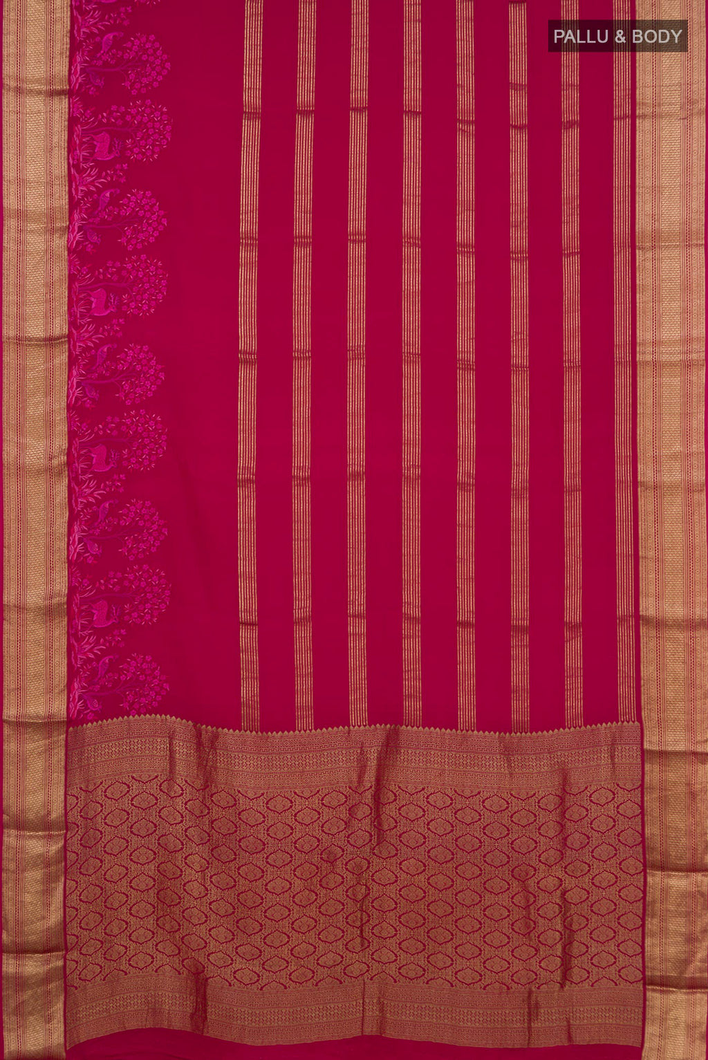 Flat view of Pink Mysore Crepe Saree with Stripes on the body and Zari Border. 