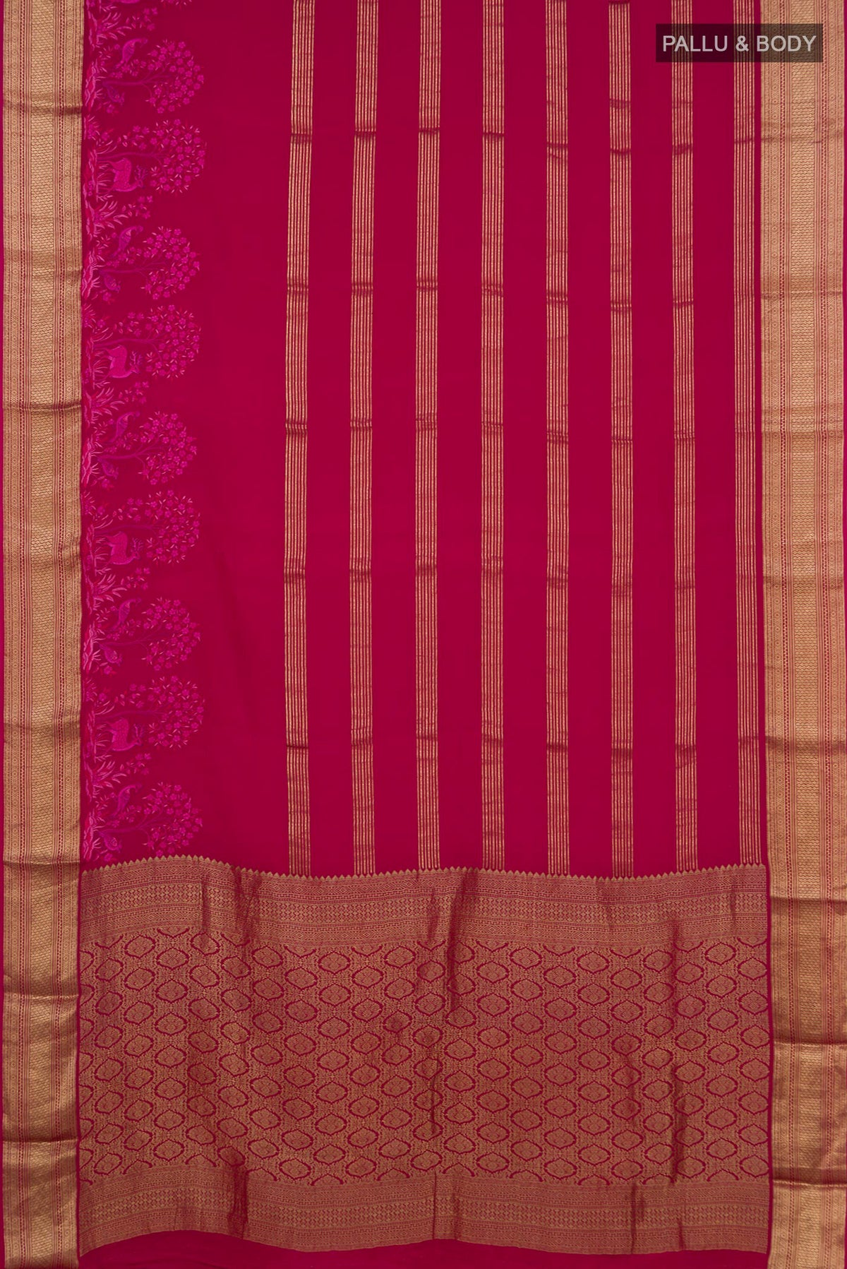 Flat view of Pink Mysore Crepe Saree with Stripes on the body and Zari Border. 
