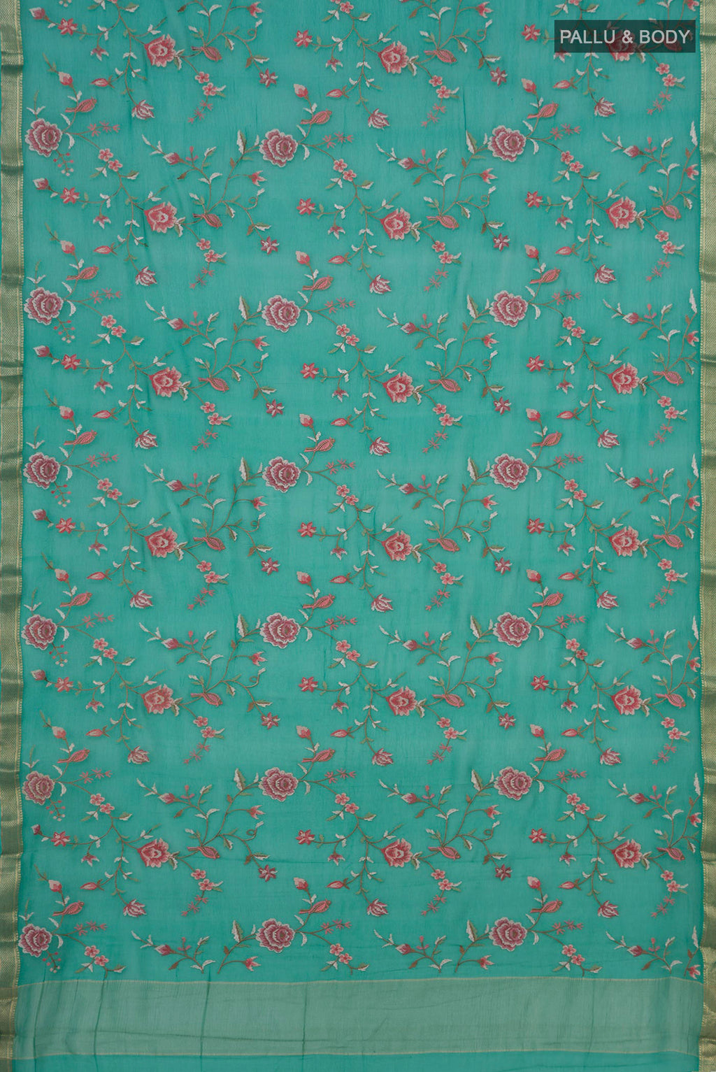 Flat view of Sea Green Mysore Chiffon Saree with Embroidery on the body and Zari Border. 