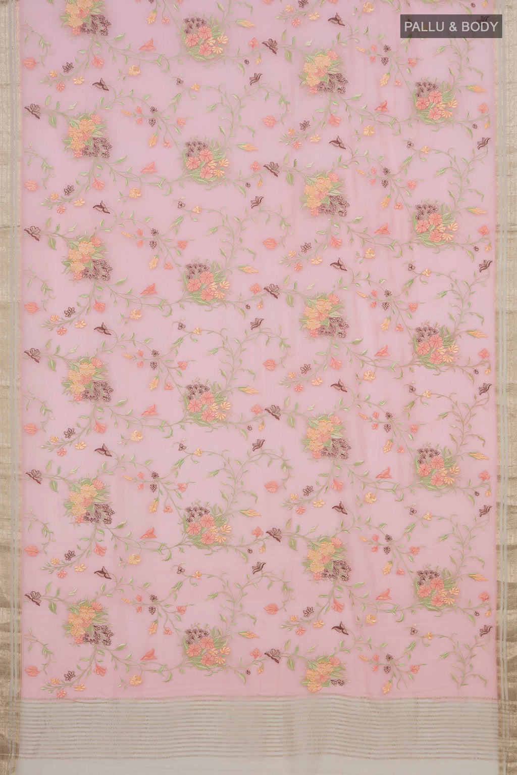 Flat view of Peach Mysore Chiffon Saree with Embroidery on the body and Zari Border. 