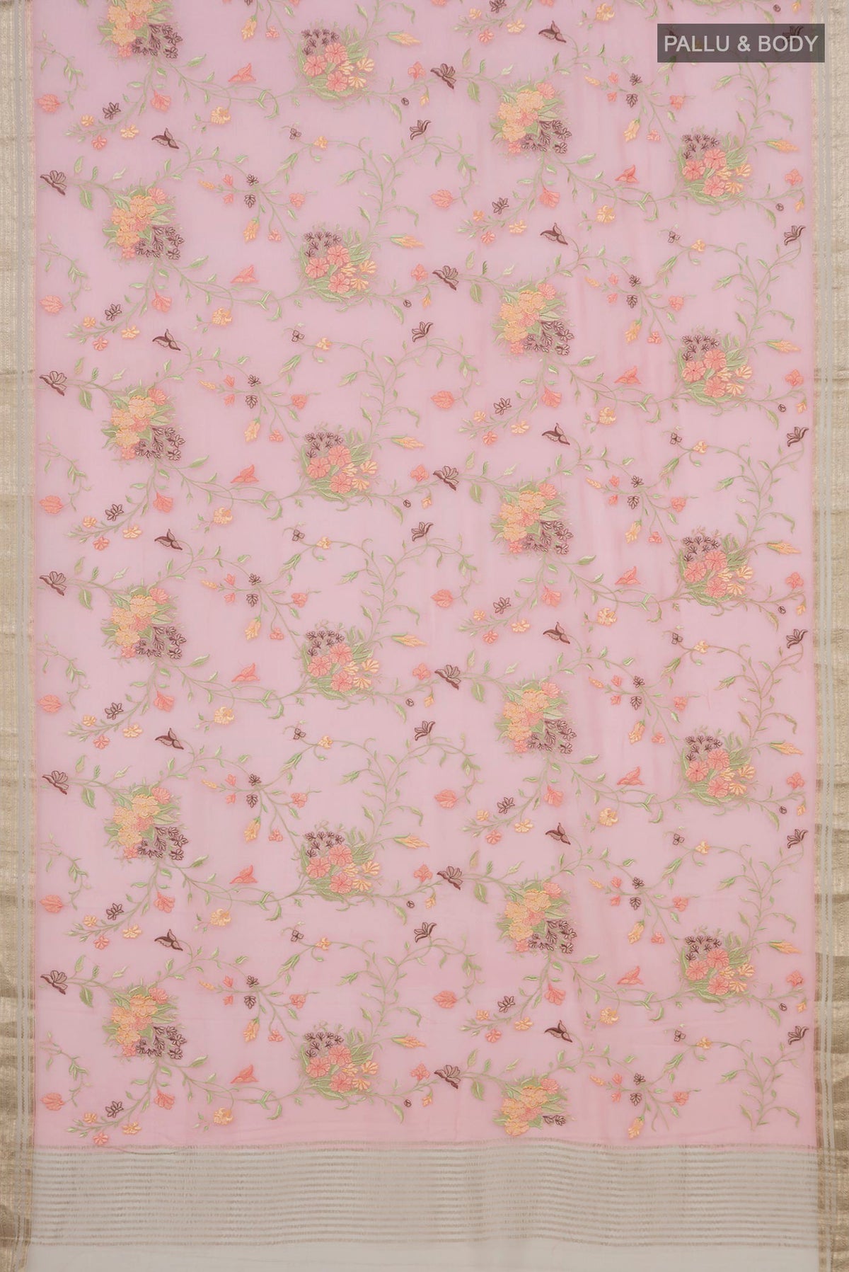 Flat view of Peach Mysore Chiffon Saree with Embroidery on the body and Zari Border. 