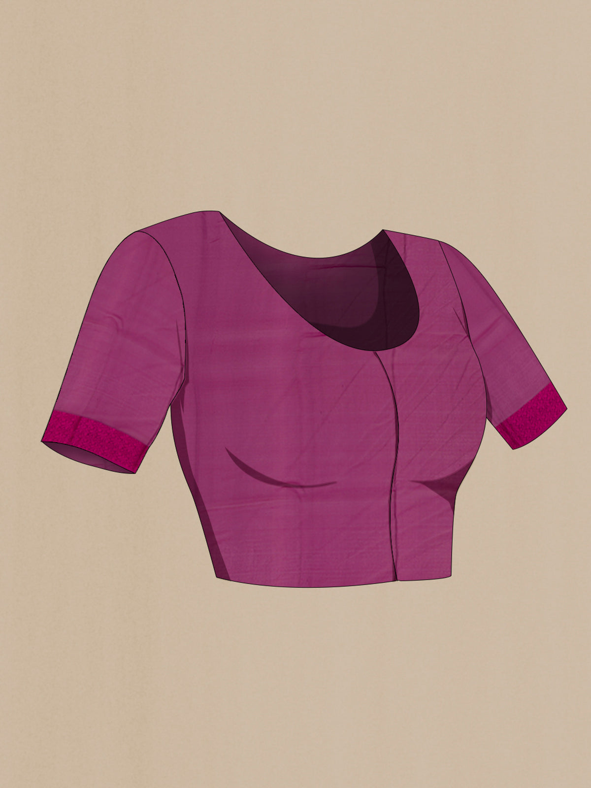 Close up image of the blouse of Magenta Mysore Chiffon Saree with Embroidery on the body and Thread Border. 
