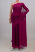 Magenta Mysore Chiffon Saree with Embroidery on the body and Thread Border.  displayed on a mannequin