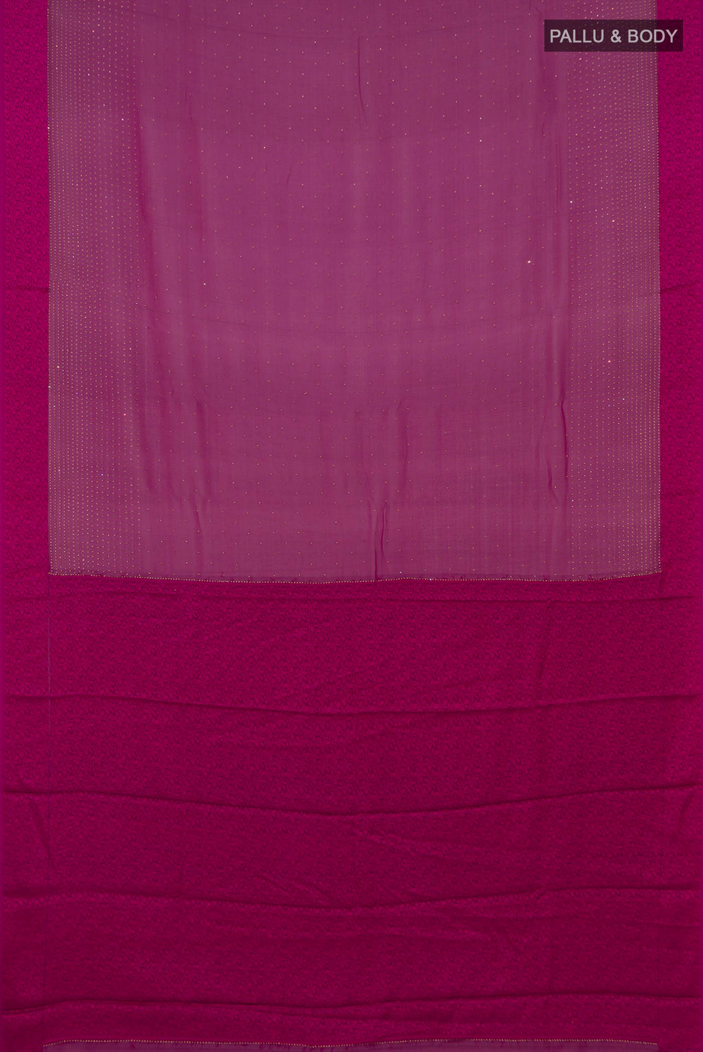 Flat view of Magenta Mysore Chiffon Saree with Embroidery on the body and Thread Border. 