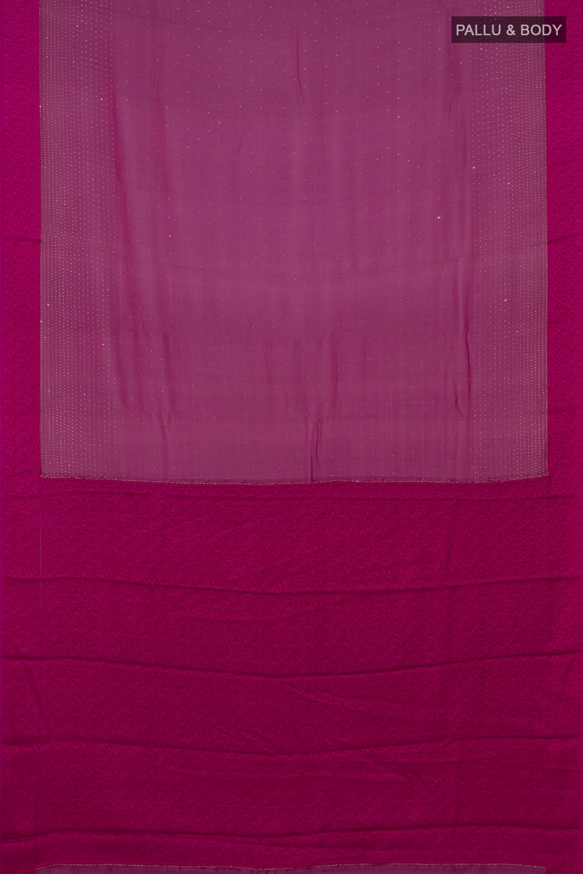 Flat view of Magenta Mysore Chiffon Saree with Embroidery on the body and Thread Border. 