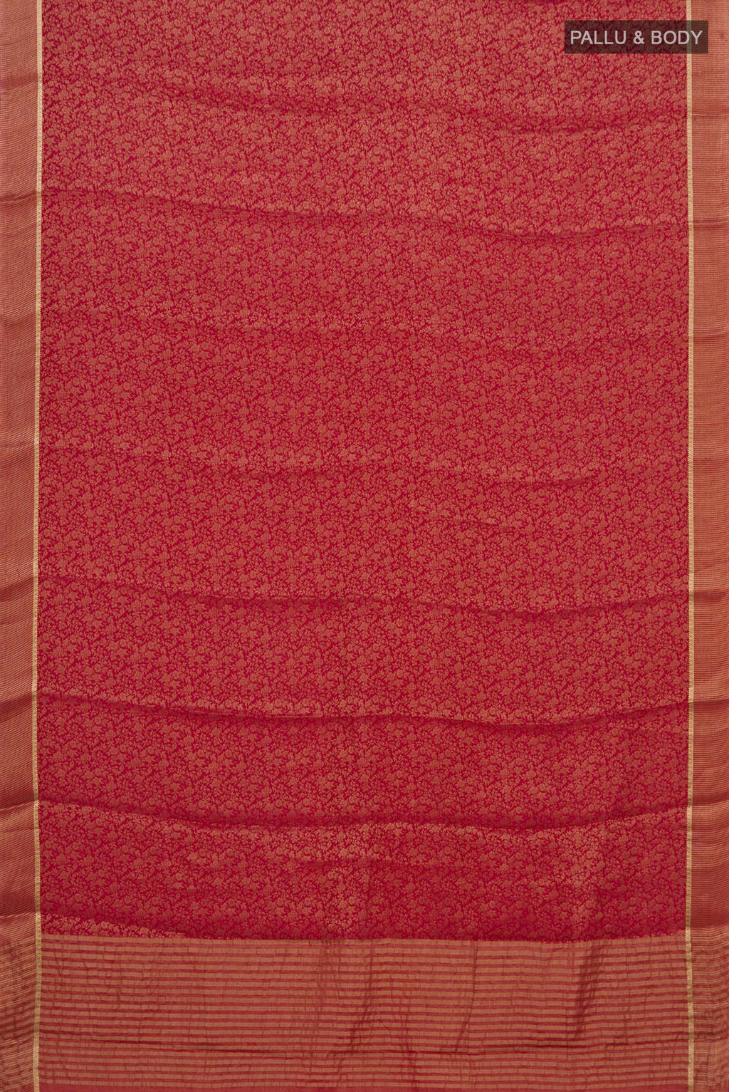 Flat view of Red Mysore Crepe Saree with Zari Brocade on the body and Zari Border. 