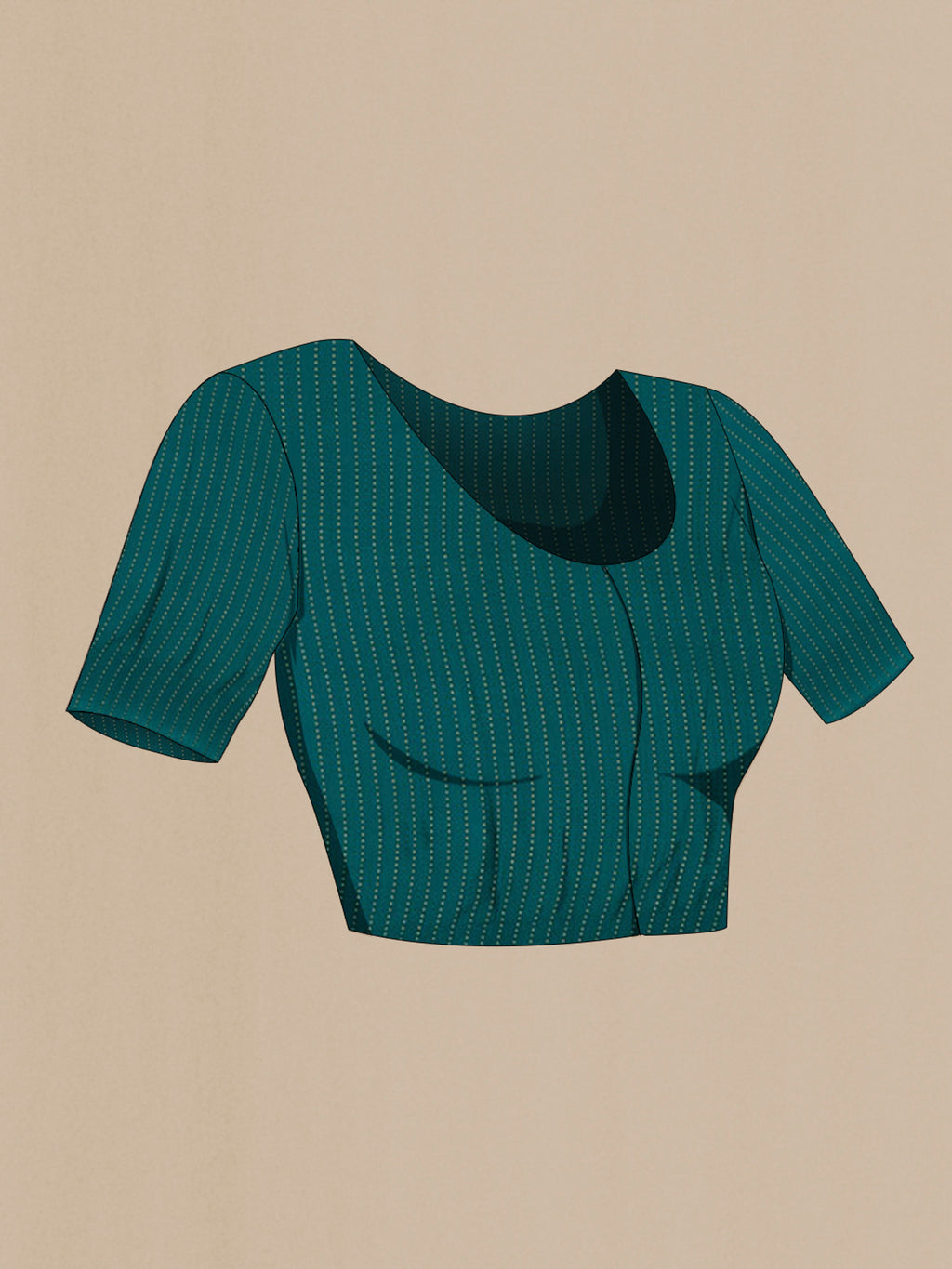 Close up image of the blouse of Sea Green Mysore Crepe Saree with Zari Brocade on the body and Thin Zari Line. 