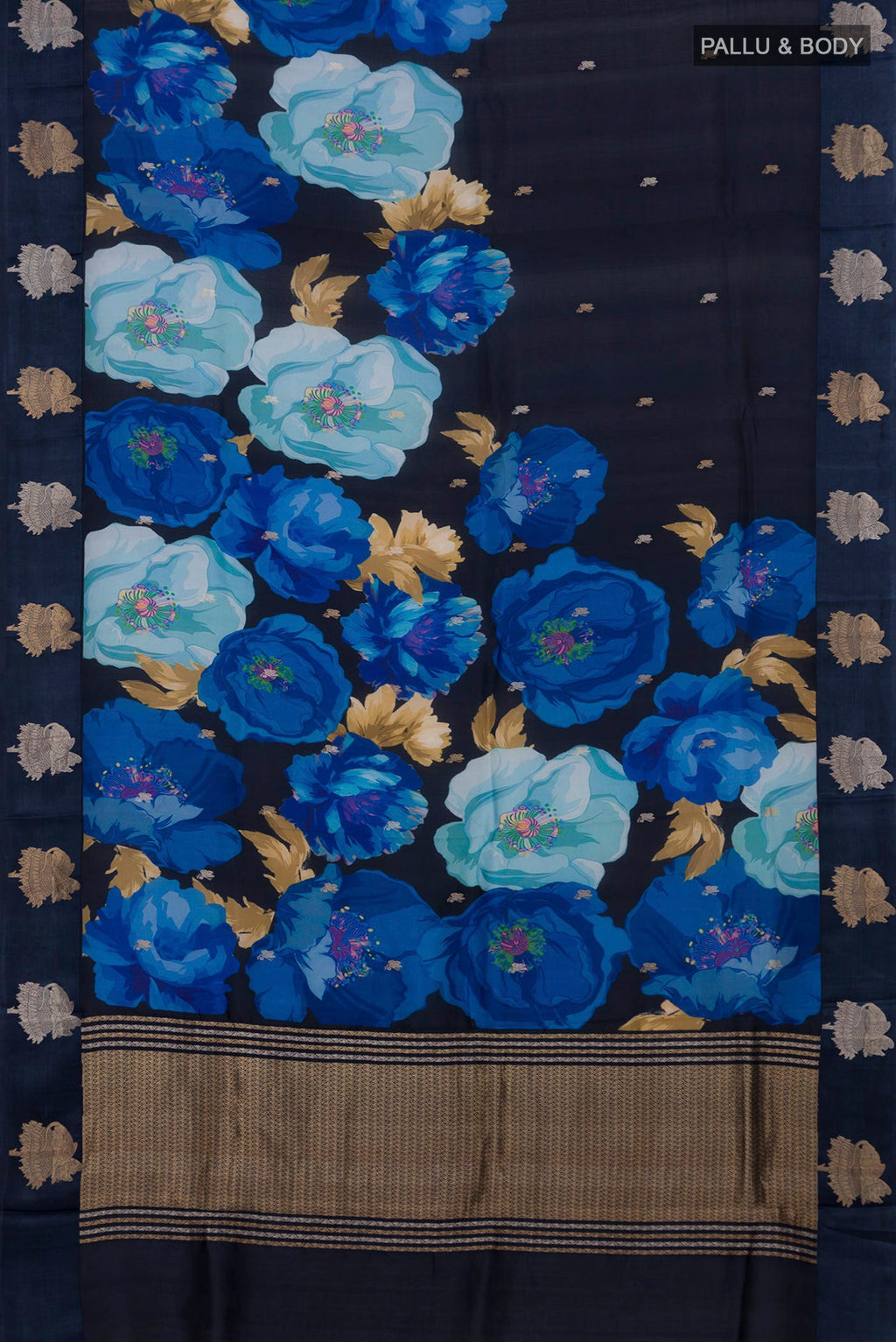 Flat view of Navy Blue Banarasi Katan Silk Saree with Floral Print on the body and Fancy Border. 