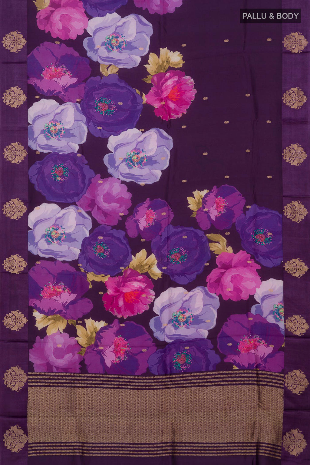 Flat view of Purple Banarasi Katan Silk Saree with Zari Butta on the body and Fancy Border. 