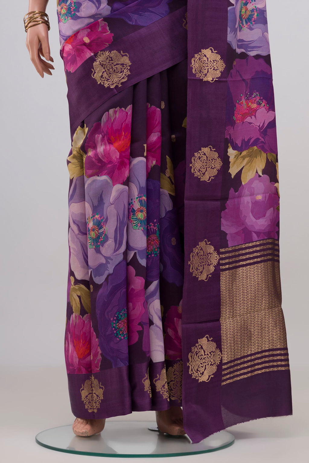 Pleats and pallu of Purple Banarasi Katan Silk Saree with Zari Butta on the body and Fancy Border. 