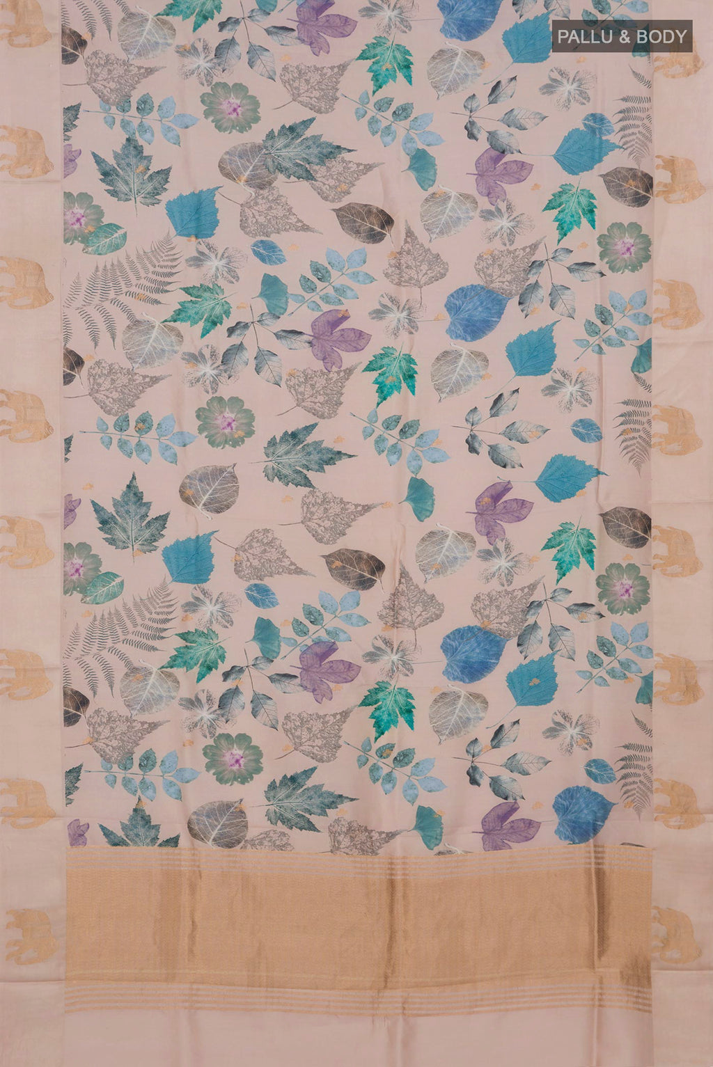 Flat view of Cream Banarasi Katan Silk Saree with Floral Print on the body and Fancy Border. 