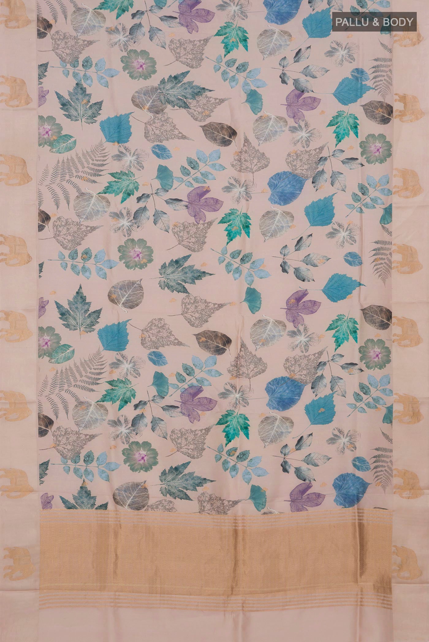 Flat view of Cream Banarasi Katan Silk Saree with Floral Print on the body and Fancy Border. 