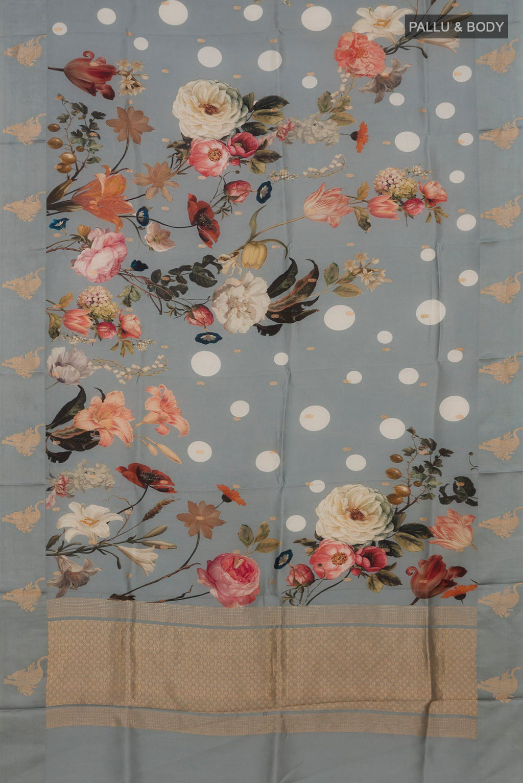 Flat view of Grey Banarasi Katan Silk Saree with Polka Dots on the body and Fancy Border. 
