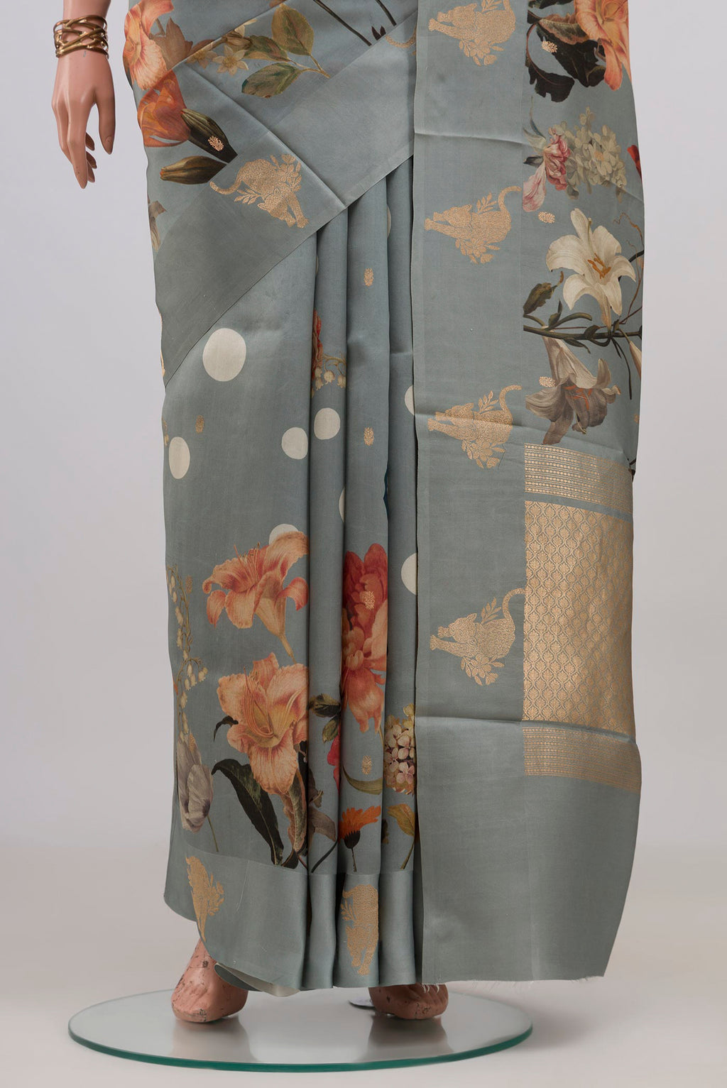 Pleats and pallu of Grey Banarasi Katan Silk Saree with Polka Dots on the body and Fancy Border. 