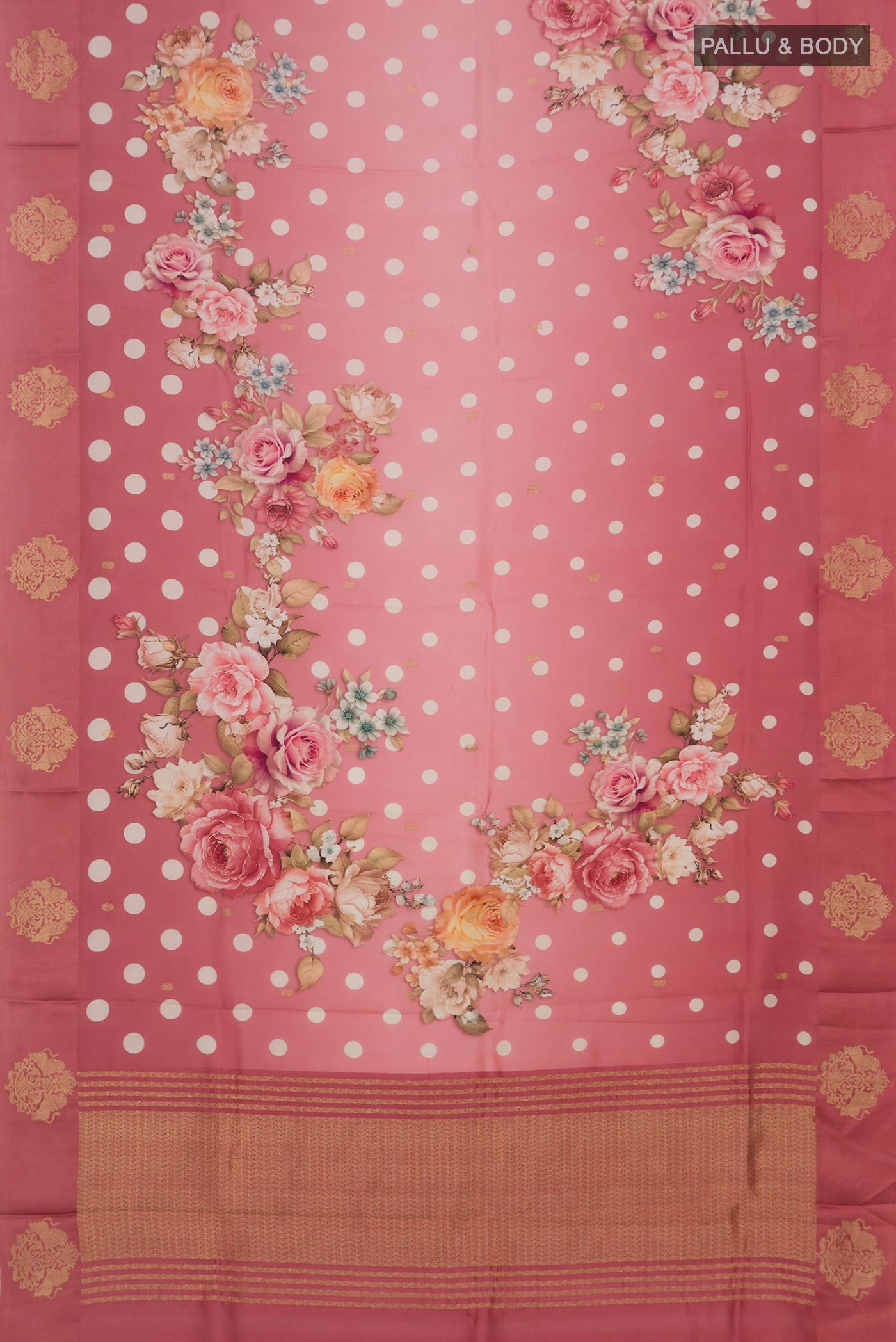 Flat view of Pink Tussar Silk Saree with Printed design on the body and Fancy Border. 