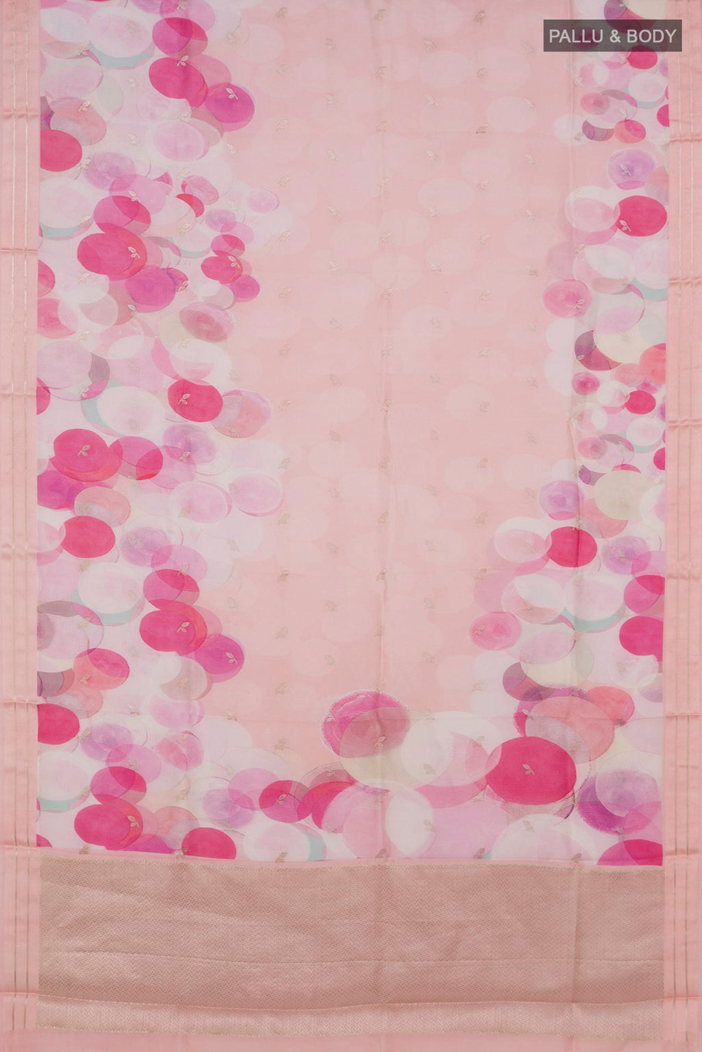 Flat view of Rose pink Banarasi Katan Silk Saree with Floral Print on the body and Thin Zari Line. 