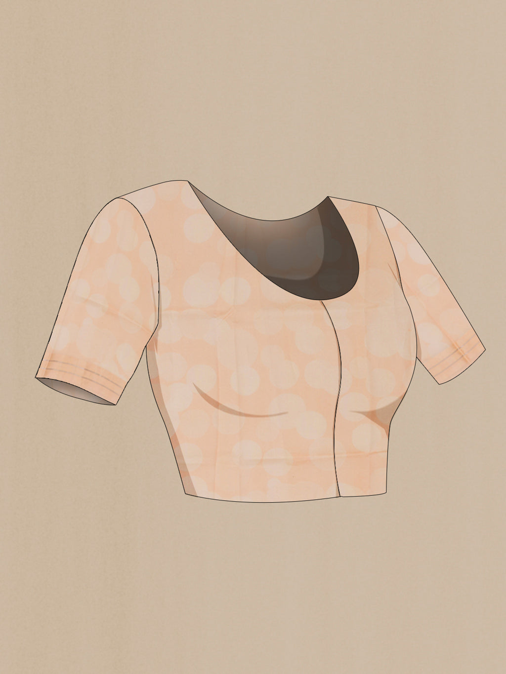 Close up image of the blouse of Peach Banarasi Katan Silk Saree with Printed design on the body and Satin Border. 