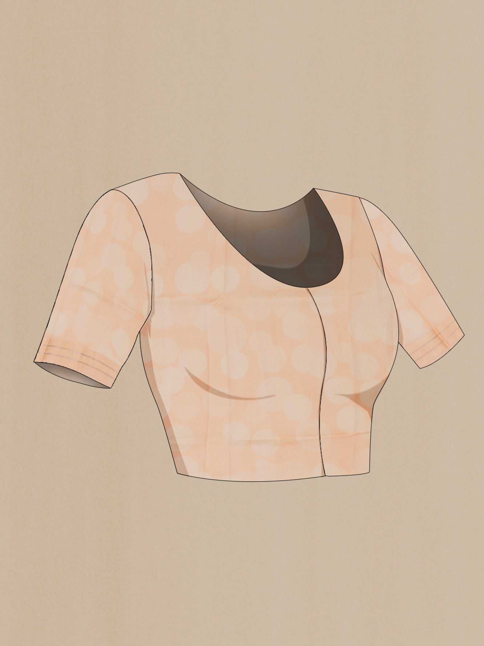 Close up image of the blouse of Peach Banarasi Katan Silk Saree with Printed design on the body and Satin Border. 
