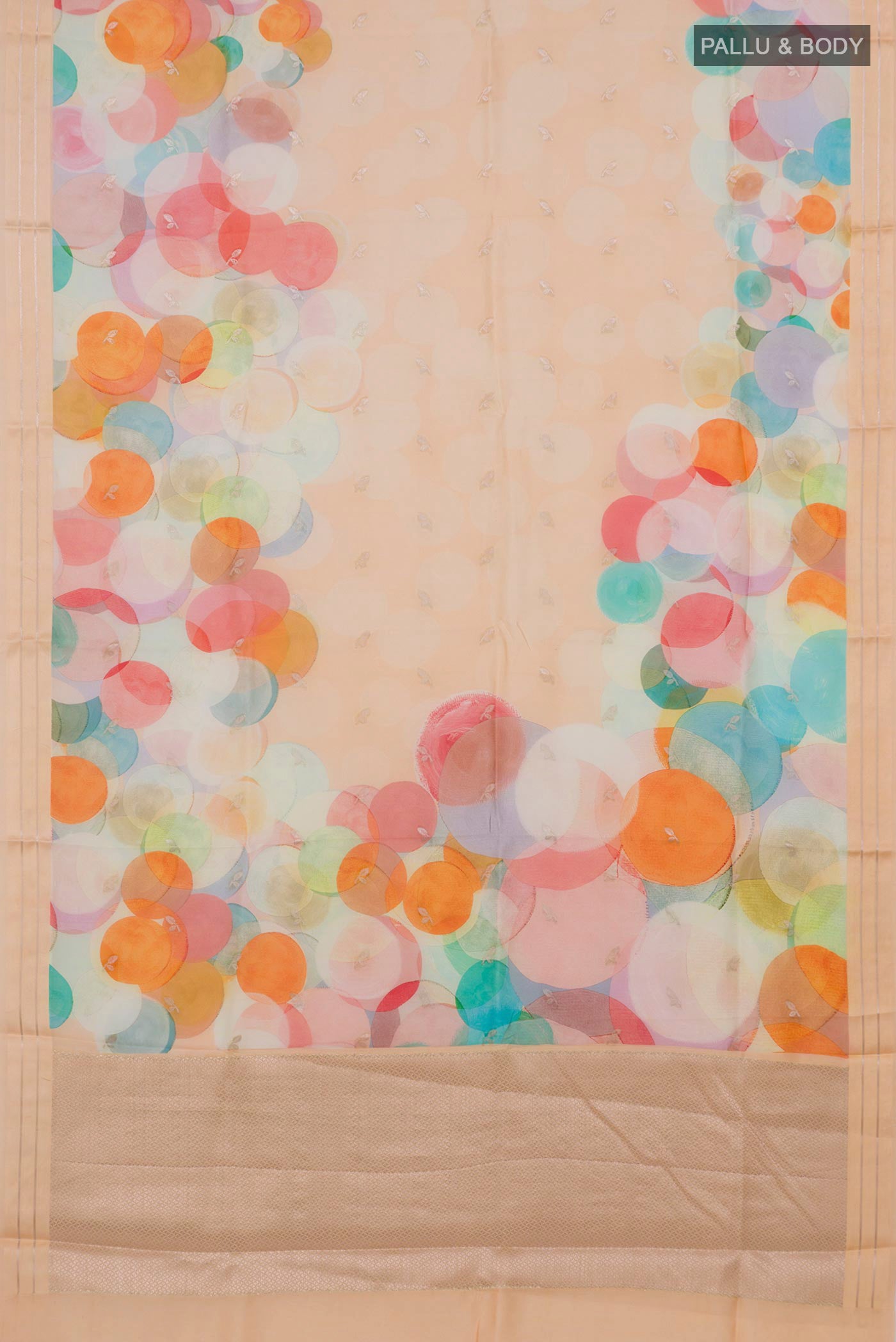 Flat view of Peach Banarasi Katan Silk Saree with Printed design on the body and Satin Border. 