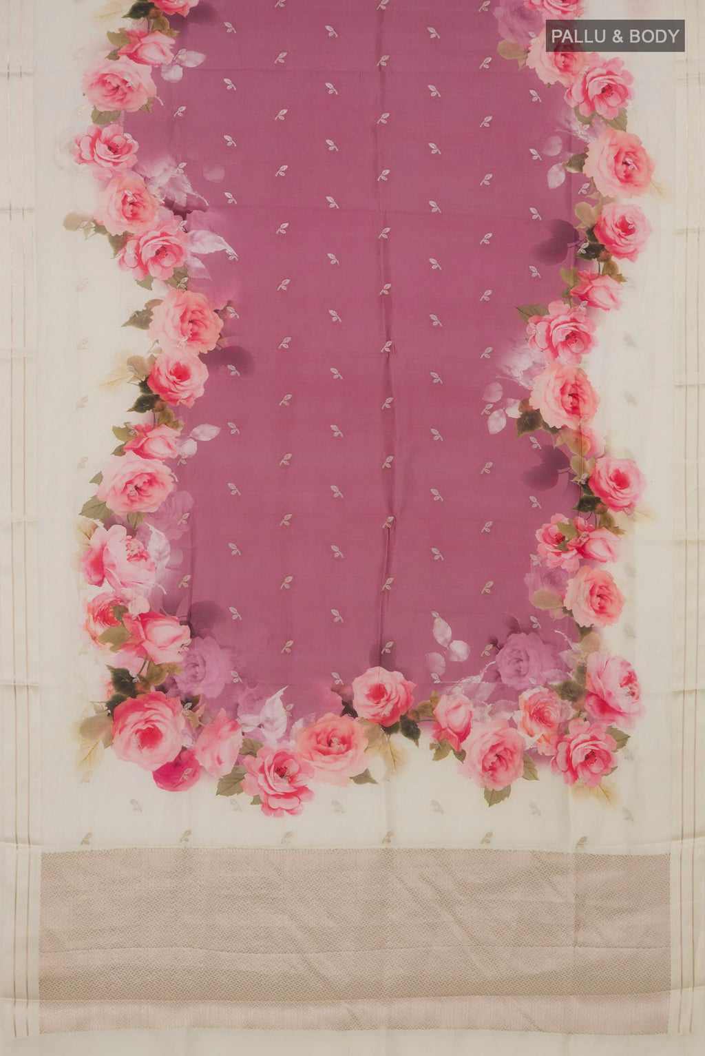 Flat view of Pink Banarasi Katan Silk Saree with Floral Print on the body and Thin Zari Line. 