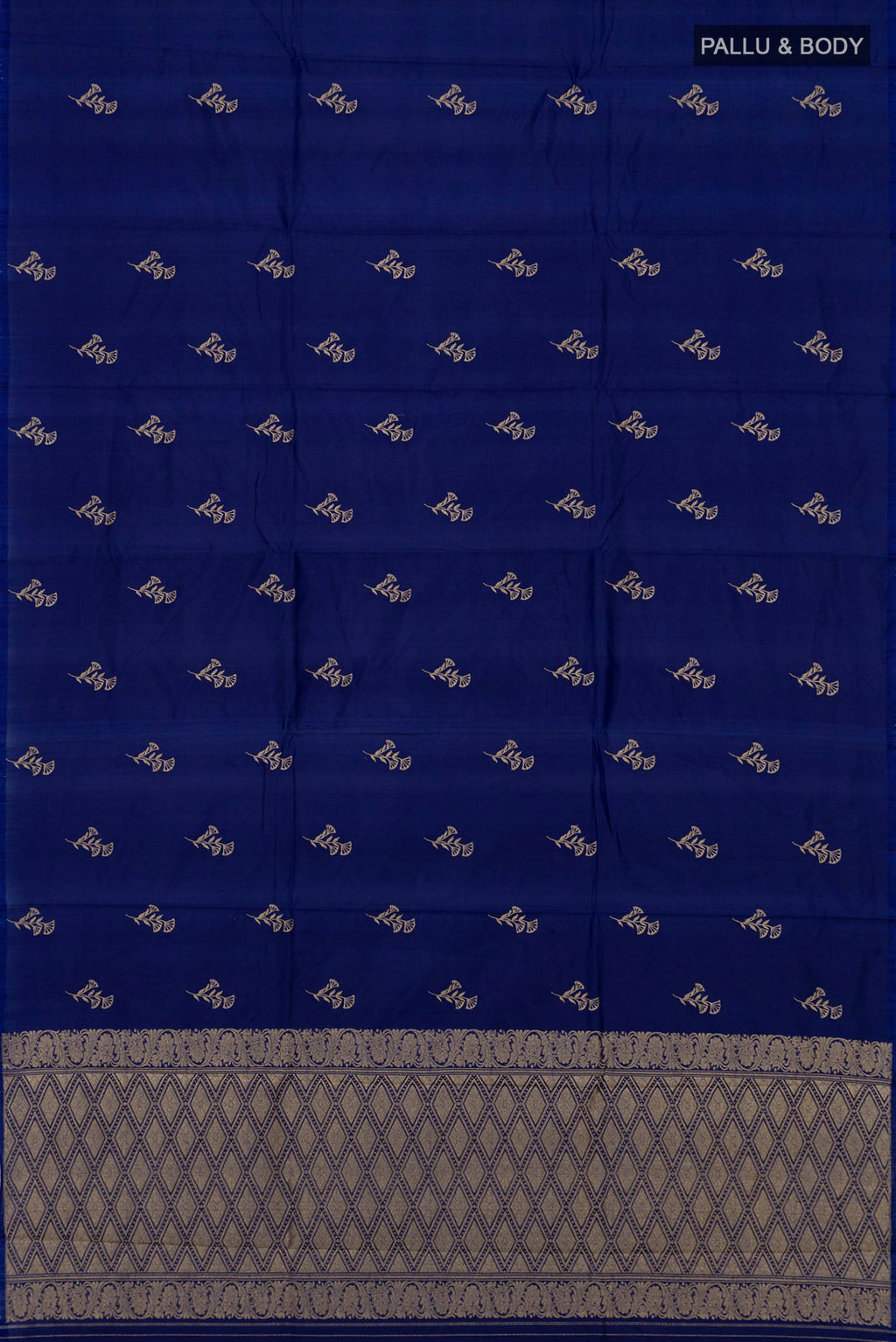 Flat view of Blue Banarasi Katan Silk Saree with Zari Butta on the body and Without Border. 