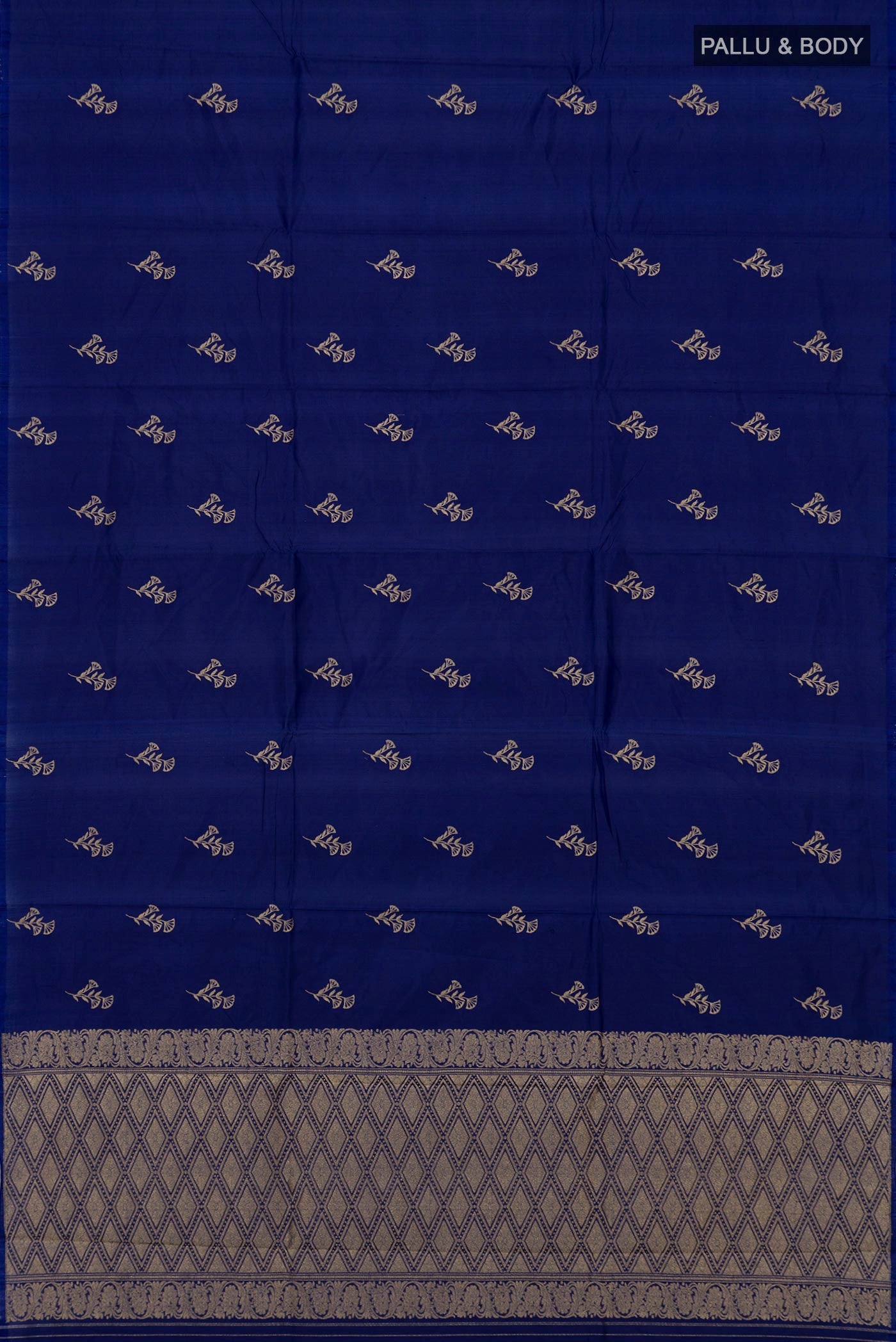 Flat view of Blue Banarasi Katan Silk Saree with Zari Butta on the body and Without Border. 