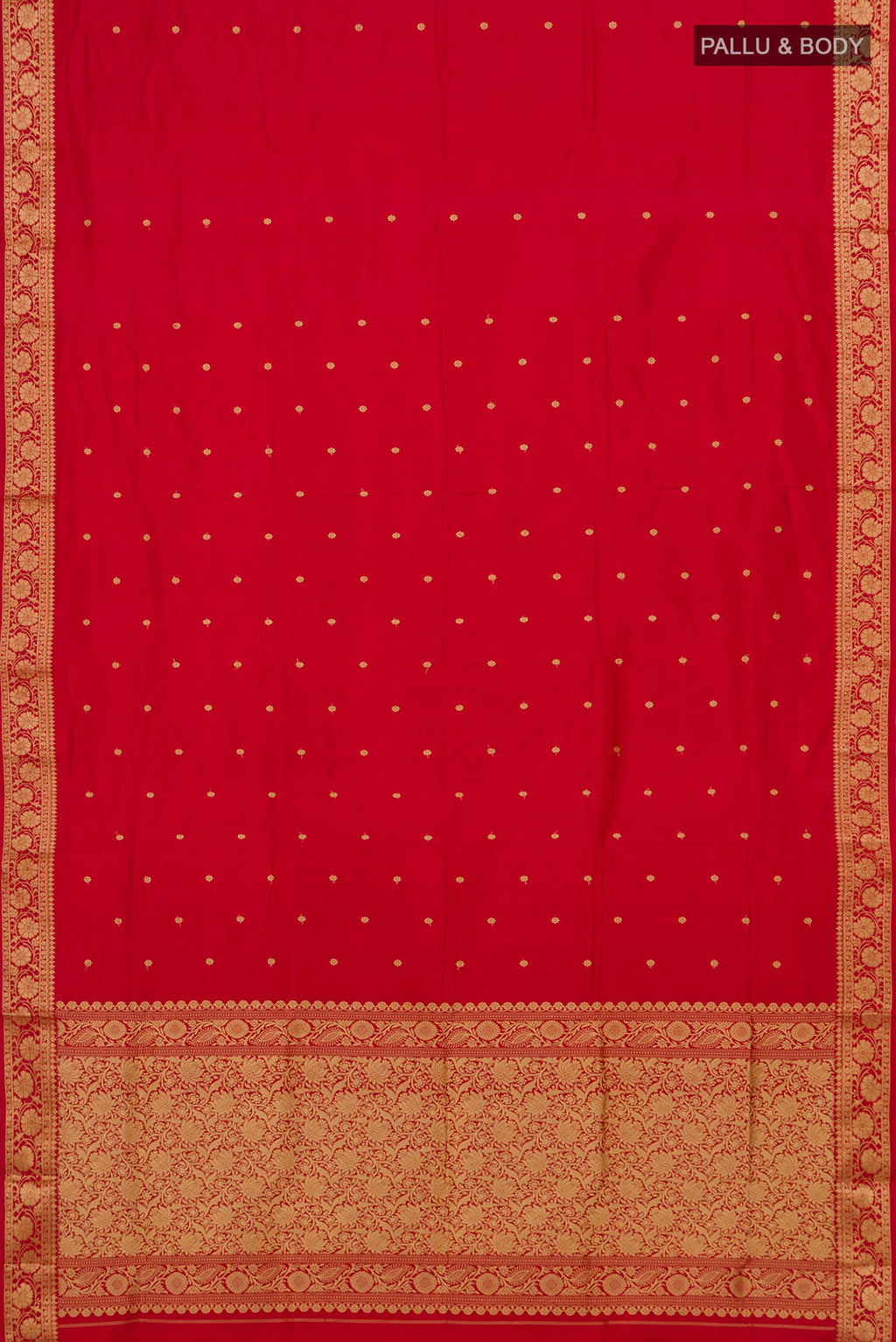 Flat view of Pure Silk Red Banarasi Katan Saree with Thread Butta on the body and Thread Border. 