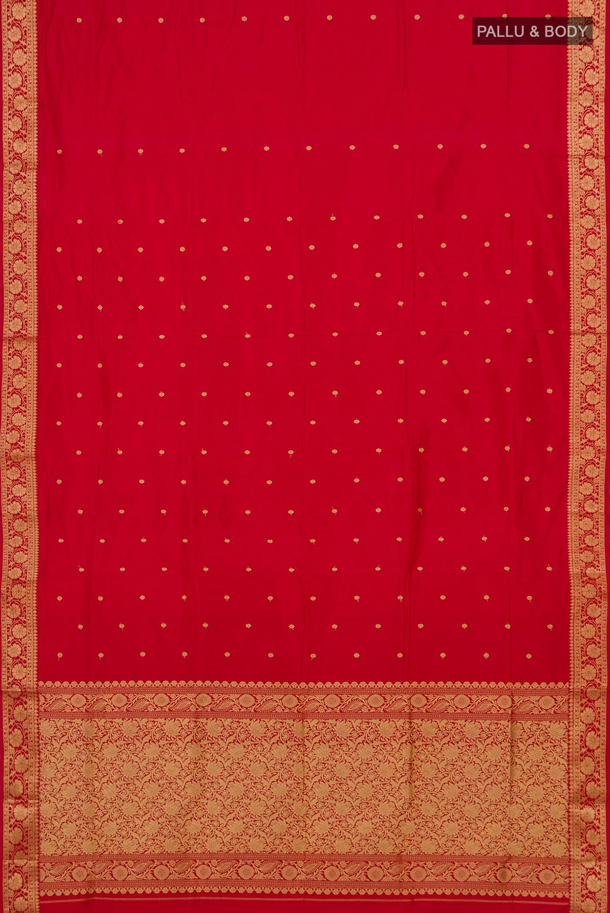 Flat view of Pure Silk Red Banarasi Katan Saree with Thread Butta on the body and Thread Border. 