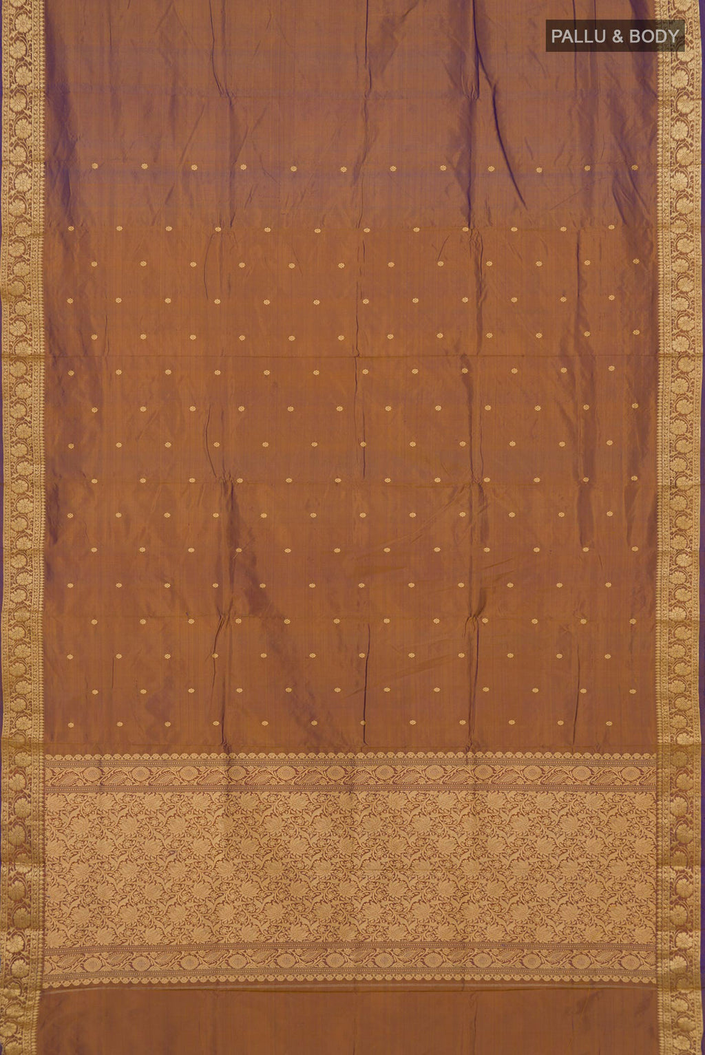 Flat view of Pure Silk Purple Dual Tone Banarasi Katan Saree with Zari Butta on the body and Zari Border. 