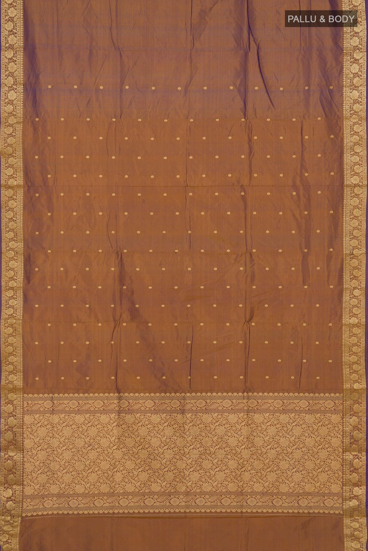 Flat view of Pure Silk Purple Dual Tone Banarasi Katan Saree with Zari Butta on the body and Zari Border. 