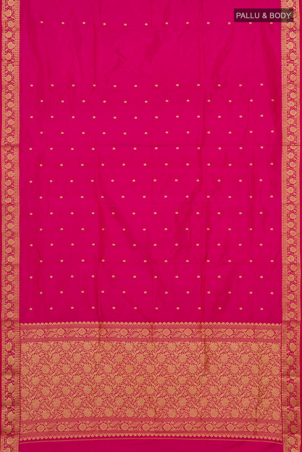 Flat view of Pink Banarasi Katan Silk Saree with Thread Butta on the body and Thread Border. 
