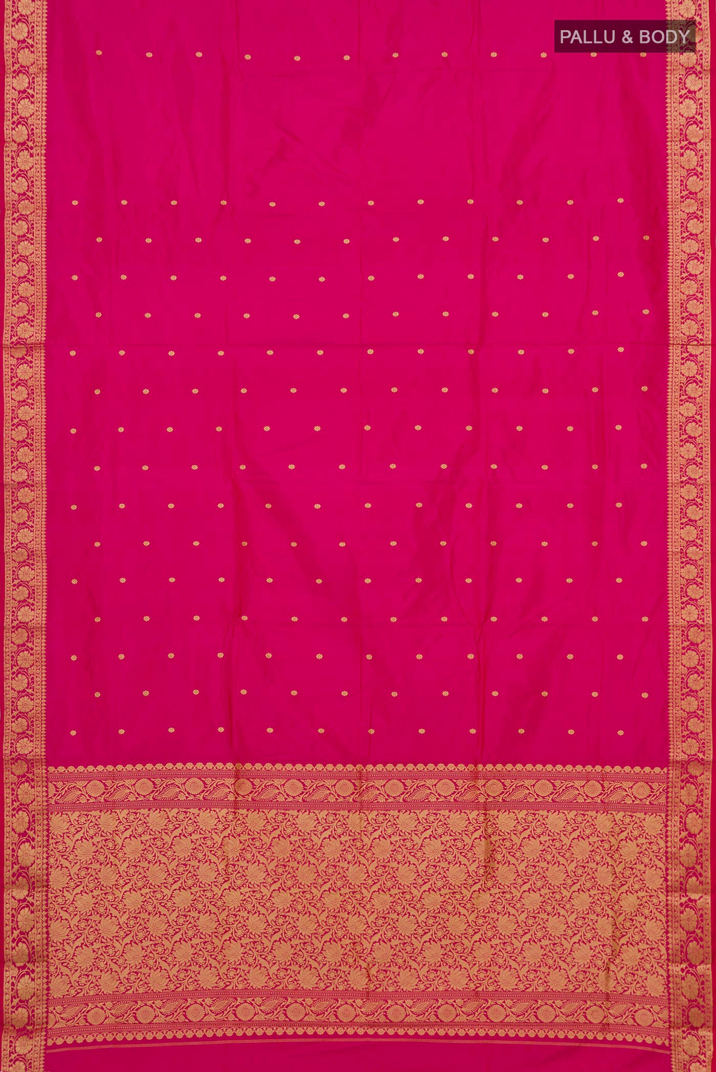 Flat view of Pink Banarasi Katan Silk Saree with Thread Butta on the body and Thread Border. 
