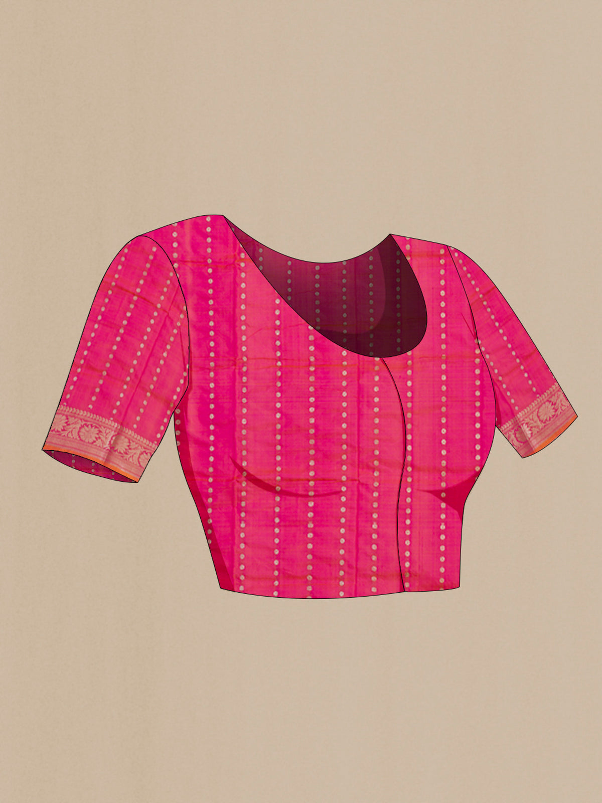 Close up image of the blouse of Pink Banarasi Katan Silk Saree with Zari Butta on the body and Zari Border. 